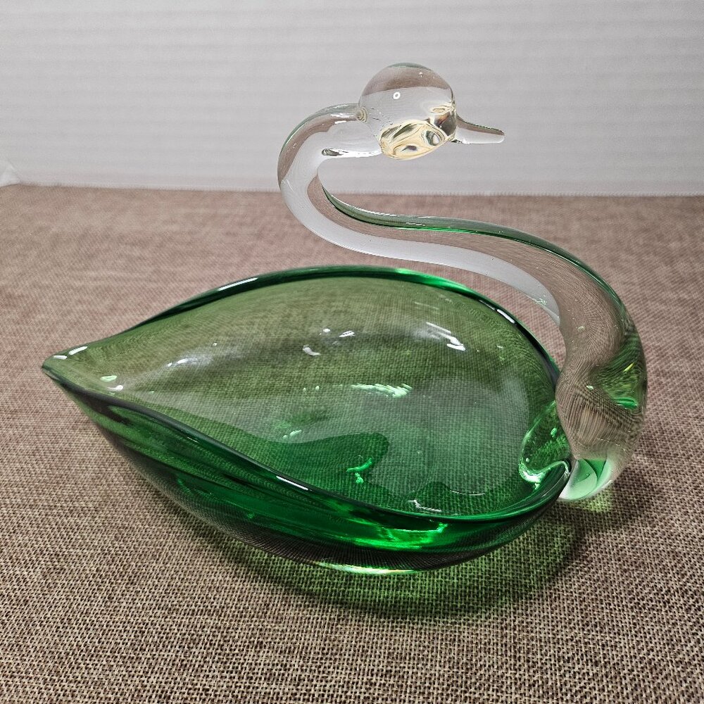 Vintage Glass Swan Emerald Green Dresser Trinket Candy Dish MCM  Swan Alpine?